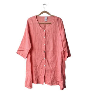 MATCH POINT Linen Tunic Top Lagenlook Coral Shell Button Asymmetrical Blouse L